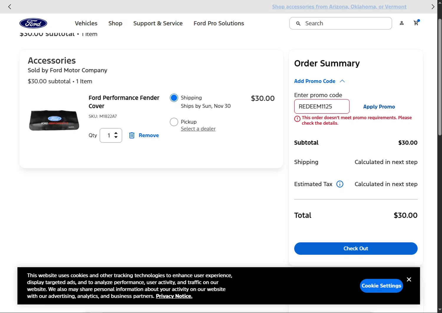 Ford promo code screenshot showing code REDEEM1125 applied at Ford checkout page. Uploaded by SimplyCodes community member BargainSaver8204 on Nov 27, 2025