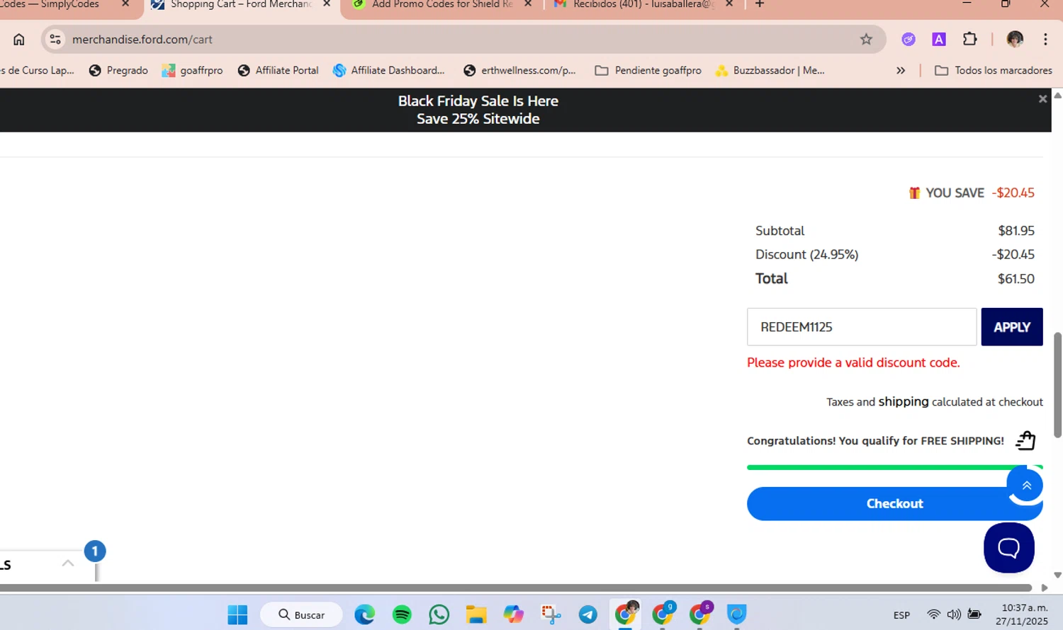 Ford promo code screenshot showing code REDEEM1125 applied at Ford checkout page. Uploaded by SimplyCodes community member luisaballera on Nov 27, 2025