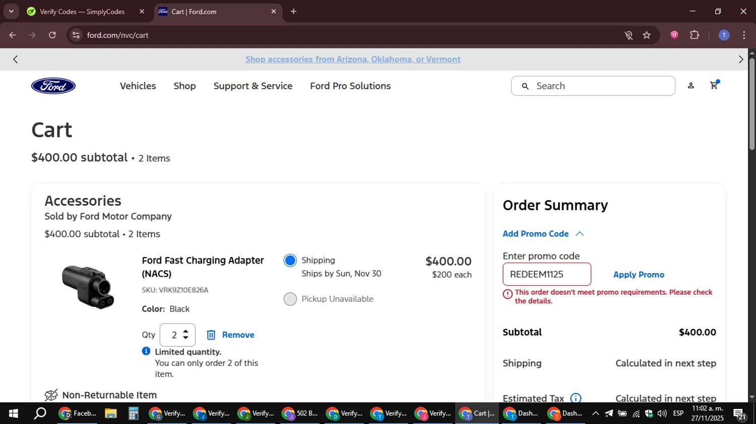 Ford promo code screenshot showing code REDEEM1125 applied at Ford checkout page. Uploaded by SimplyCodes community member snidertom8 on Nov 27, 2025