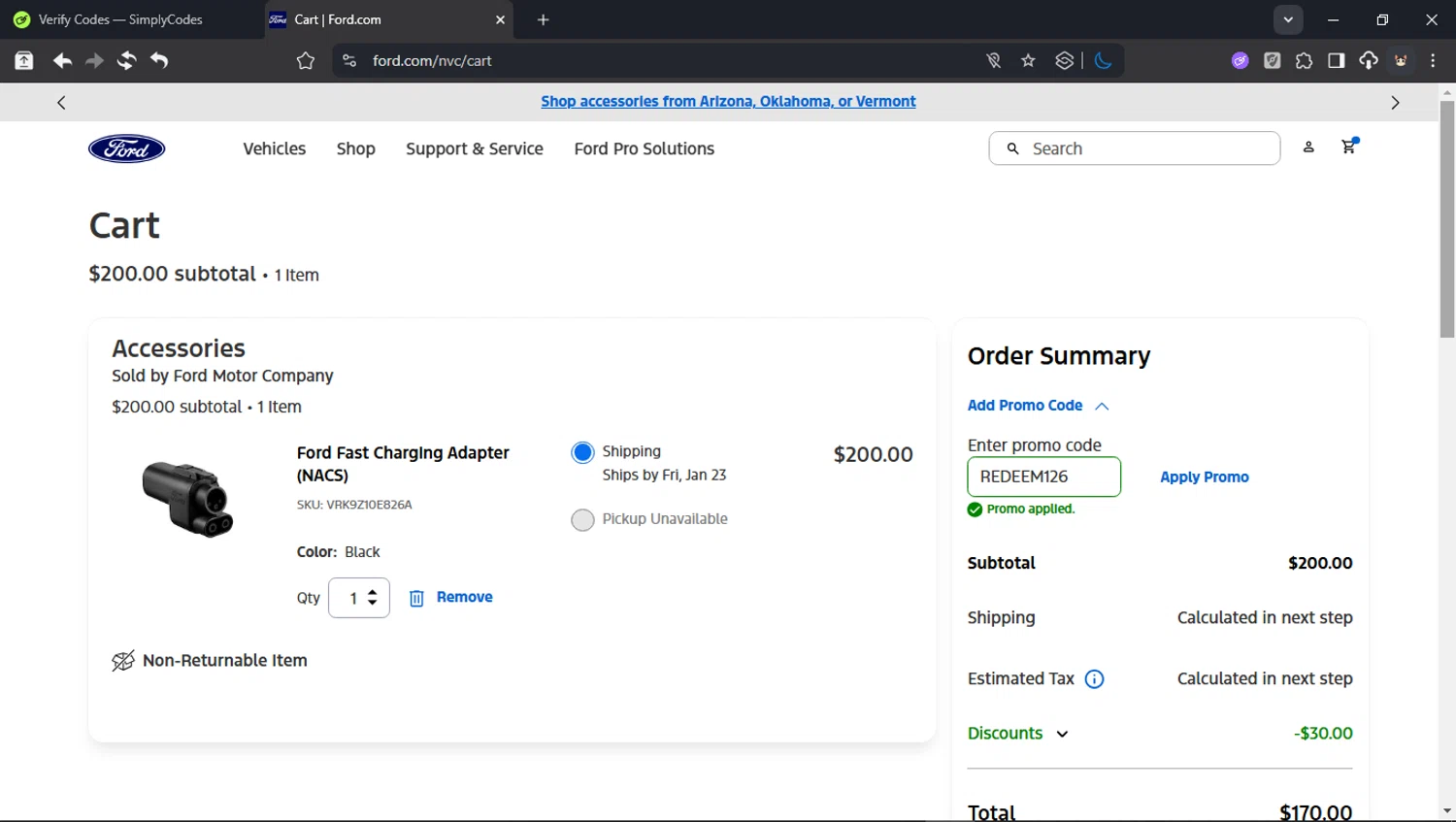 Ford checkout page showing Ford promo code box | Screenshot taken by SimplyCodes community member on Jan 20, 2026