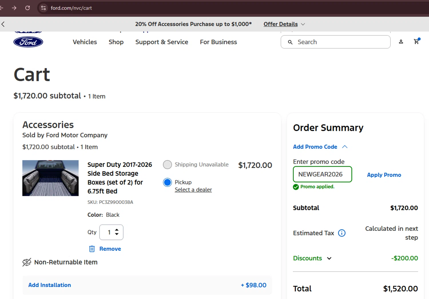 Ford checkout page showing Ford promo code box | Screenshot taken by SimplyCodes community member on Jan 31, 2026