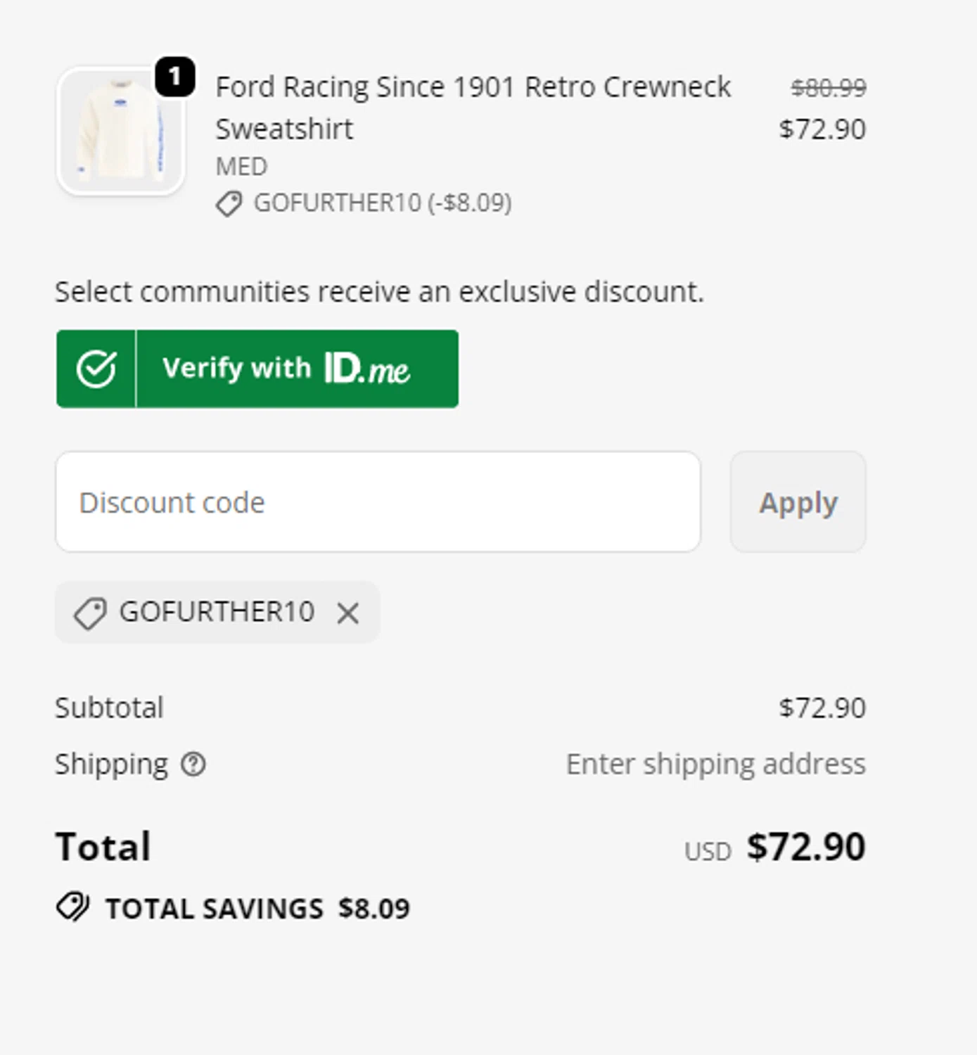 Ford promo code screenshot showing code GOFURTHER10 applied at Ford checkout page. Uploaded by SimplyCodes community member RonaldAcunaJr on Feb 2, 2026