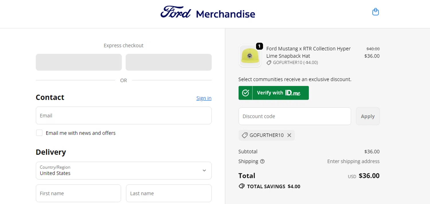 Ford promo code screenshot showing code GOFURTHER10 applied at Ford checkout page. Uploaded by SimplyCodes community member RonaldAcunaJr on Oct 30, 2025