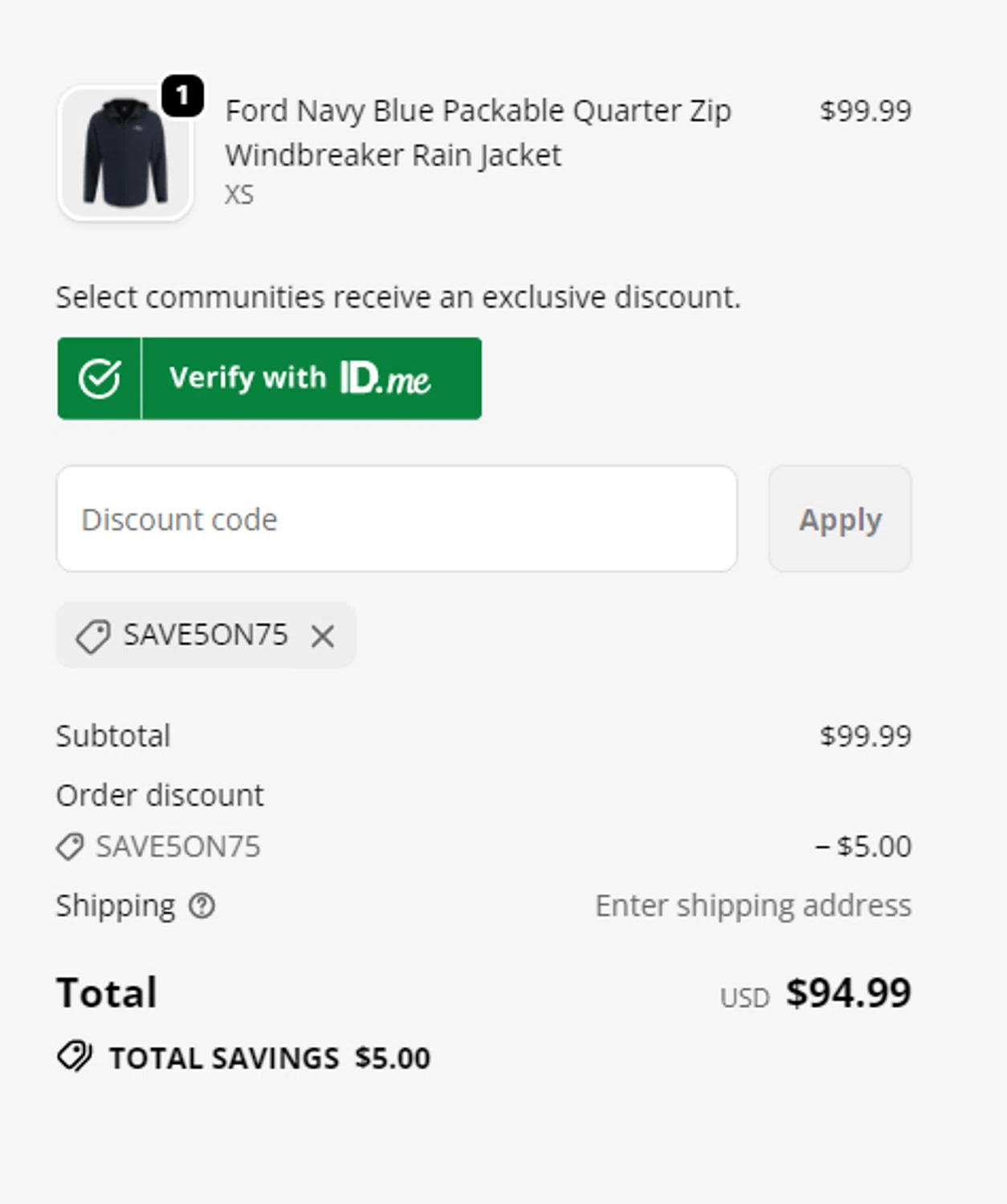 Ford promo code screenshot showing code SAVE5ON75 applied at Ford checkout page. Uploaded by SimplyCodes community member RonaldAcunaJr on Feb 5, 2026