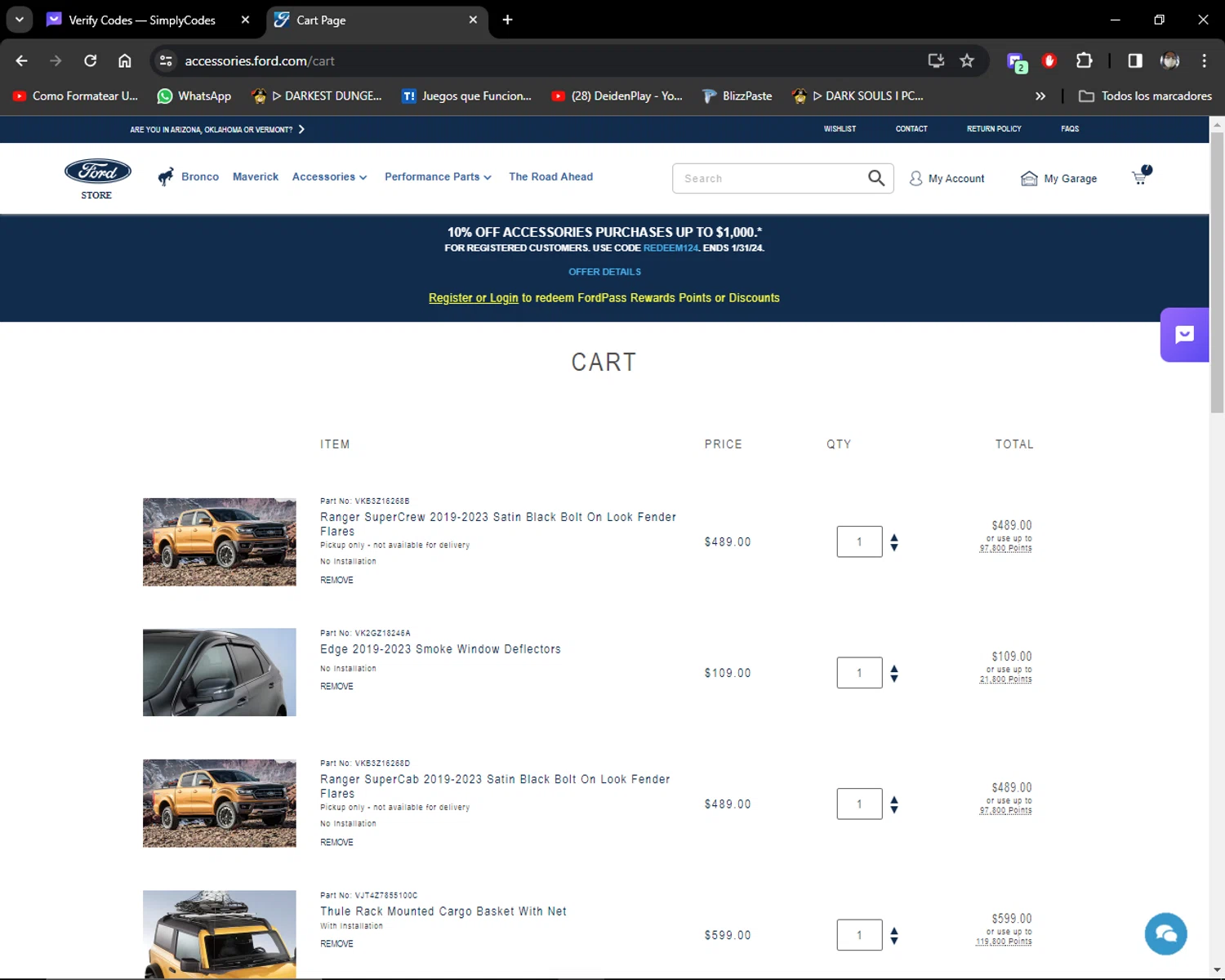 Ford Accessories checkout page showing Ford Accessories discount code box | Screenshot taken by SimplyCodes community member on Jan 17, 2024