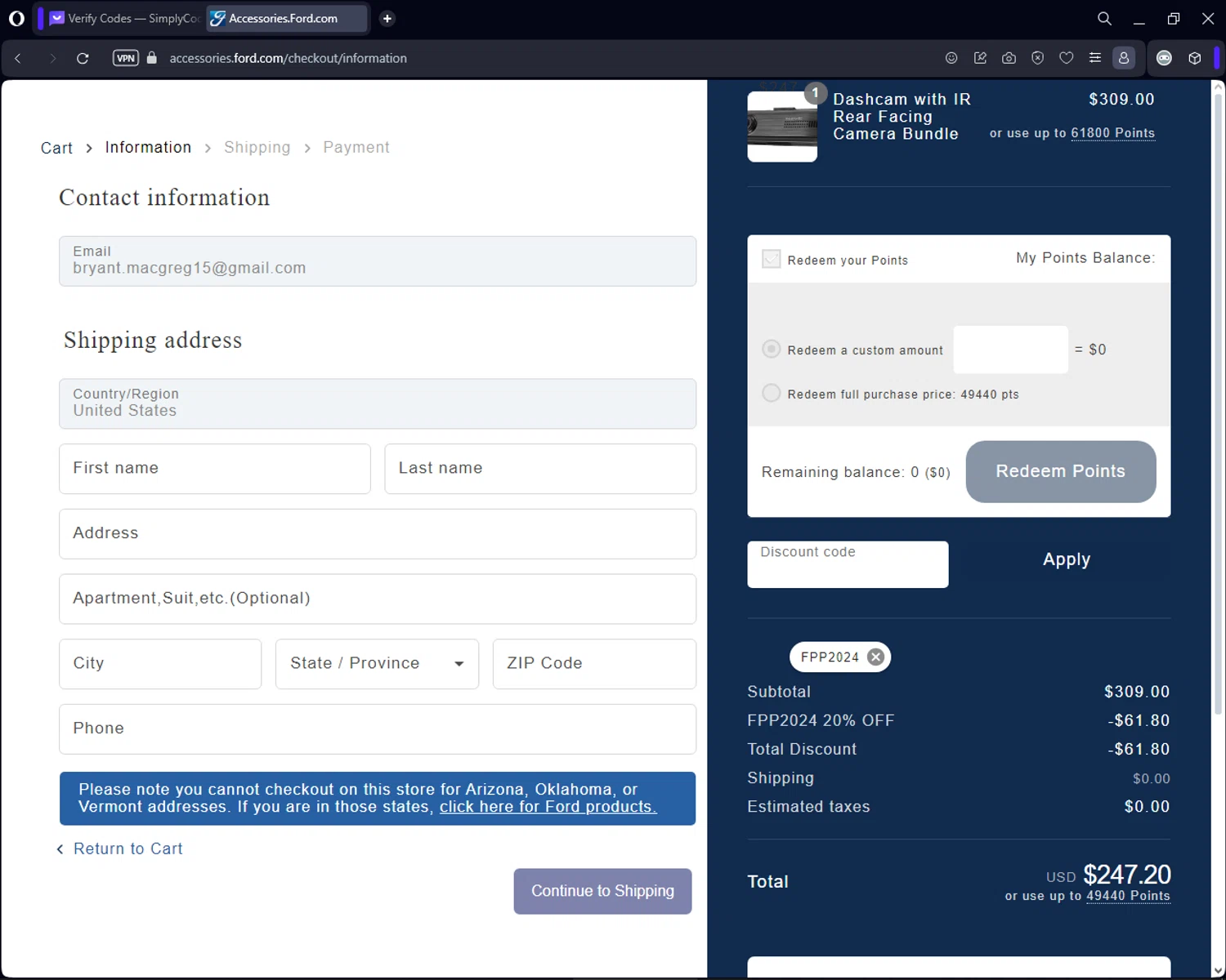 Ford Accessories checkout page showing Ford Accessories discount code box | Screenshot taken by SimplyCodes community member on Jan 31, 2024