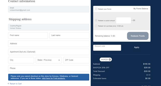 Ford Accessories checkout page showing Ford Accessories discount code box | Screenshot taken by SimplyCodes community member on Feb 5, 2024