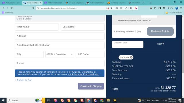 Ford Accessories checkout page showing Ford Accessories discount code box | Screenshot taken by SimplyCodes community member on Mar 20, 2024