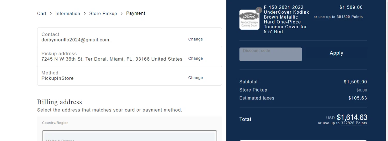 Ford Accessories checkout page showing Ford Accessories discount code box | Screenshot taken by SimplyCodes community member on Mar 29, 2024