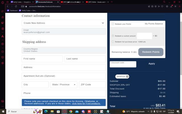 Ford Accessories checkout page showing Ford Accessories discount code box | Screenshot taken by SimplyCodes community member on Mar 1, 2024
