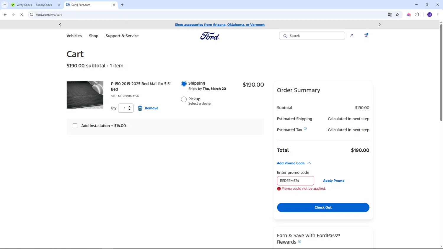 Ford Accessories discount code screenshot showing code REDEEM624 applied at Ford Accessories checkout page. Uploaded by SimplyCodes community member CRF250CC on Mar 18, 2025