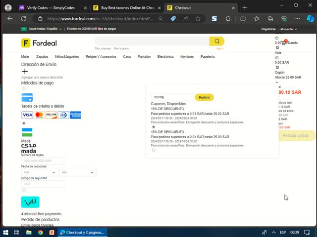 Fordeal checkout page showing Fordeal promo code box | Screenshot taken by SimplyCodes community member on Mar 17, 2024