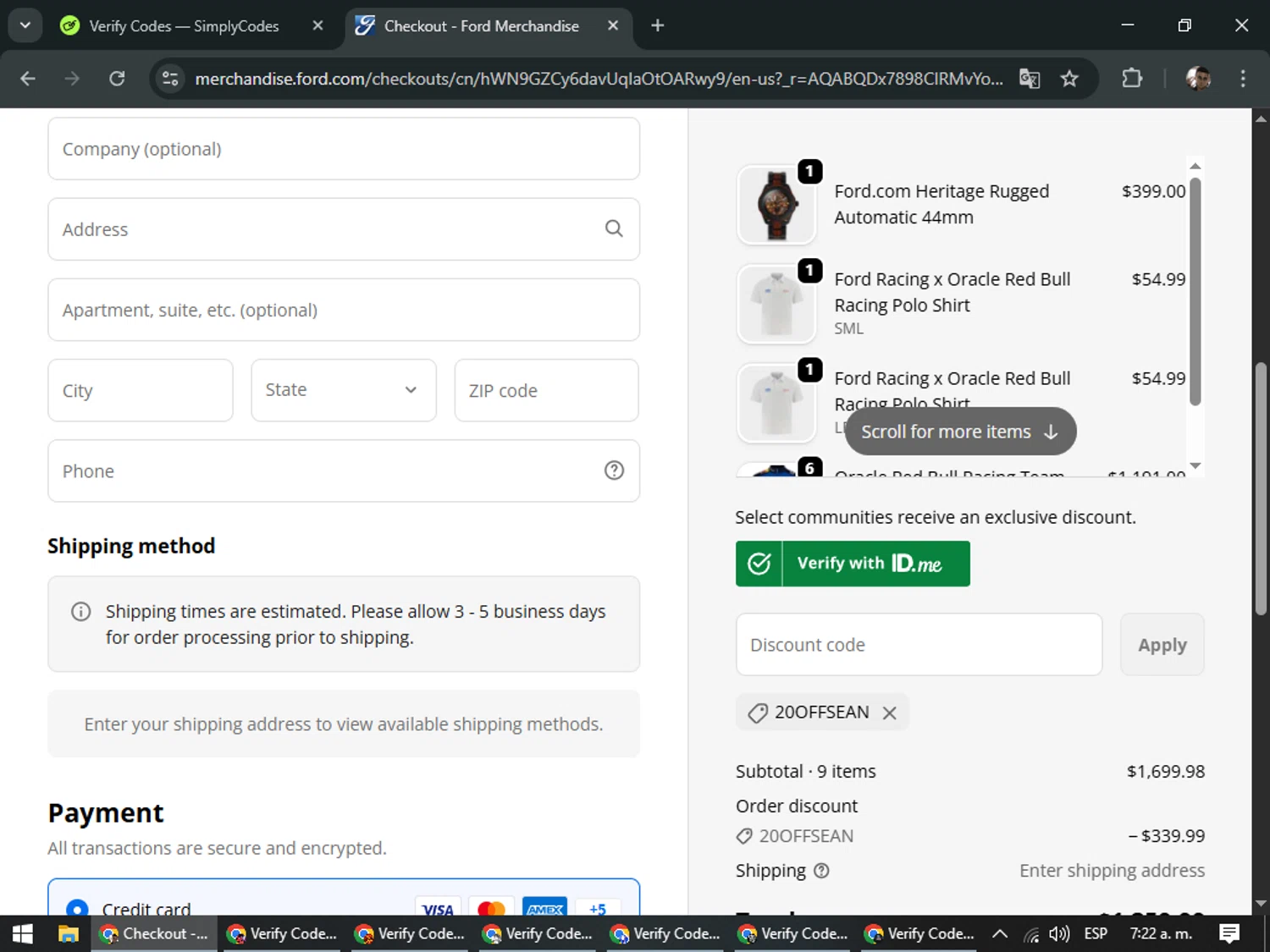 Ford Parts promo code screenshot showing code 20OFFSEAN applied at Ford Parts checkout page. Uploaded by SimplyCodes community member DiscountSeeker682 on Feb 27, 2026