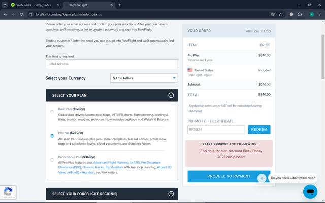 ForeFlight checkout page showing ForeFlight promo code box | Screenshot taken by SimplyCodes community member on Dec 21, 2024