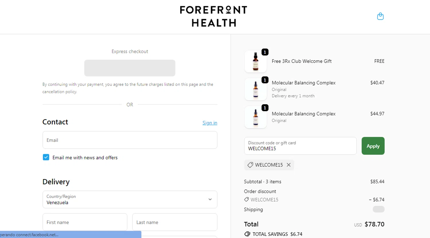 Forefront Health discount code screenshot showing code WELCOME15 applied at Forefront Health checkout page. Uploaded by SimplyCodes community member Gonzalez010203 on Nov 3, 2025