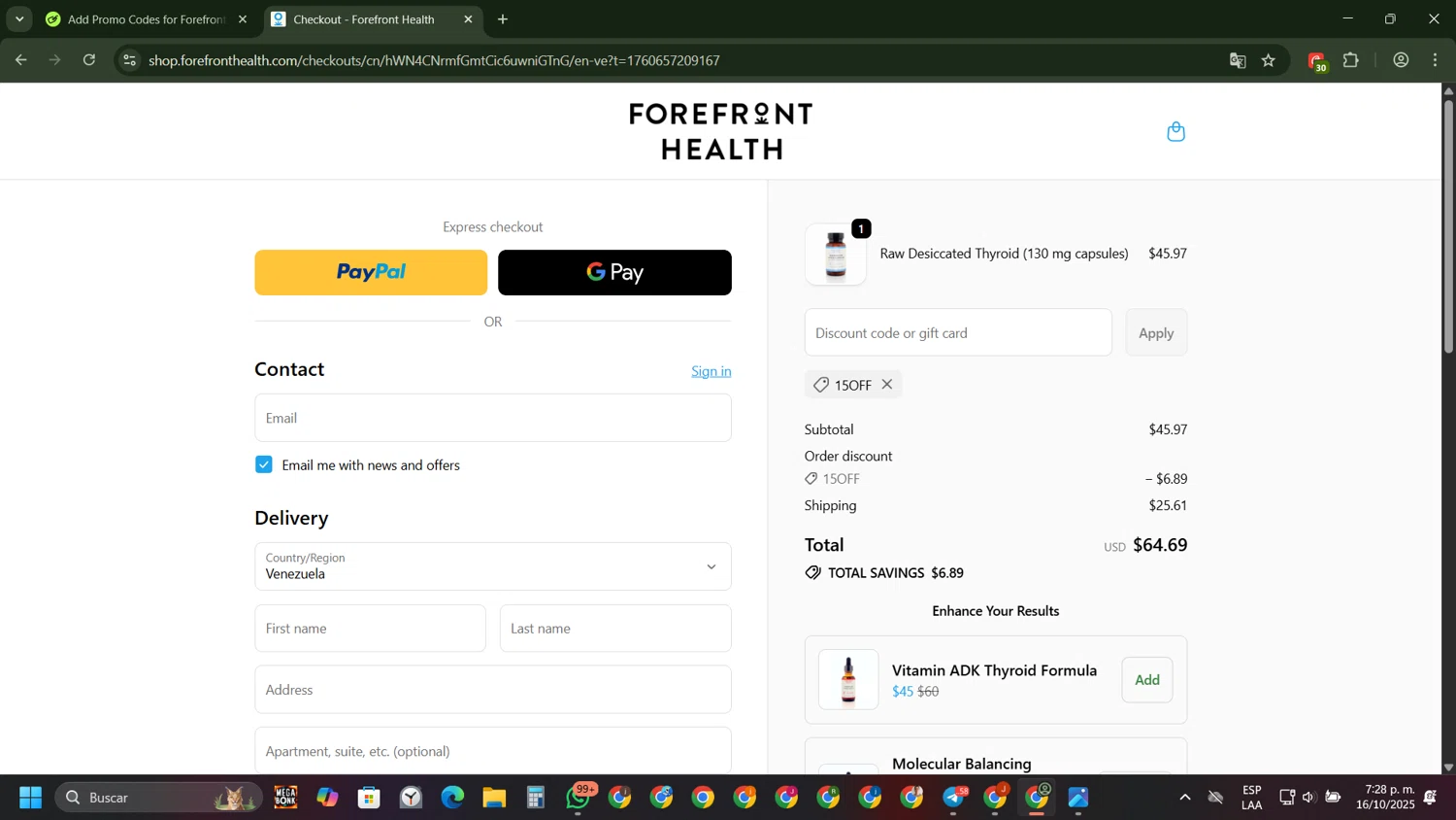 Forefront Health discount code screenshot showing code 15OFF applied at Forefront Health checkout page. Uploaded by SimplyCodes community member PennyScholar593 on Oct 16, 2025