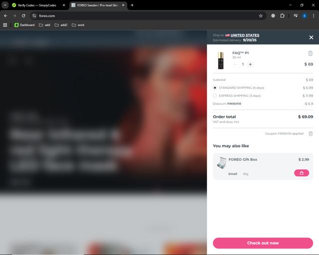 Foreo checkout page showing Foreo coupon code box | Screenshot taken by SimplyCodes community member on Sep 14, 2025