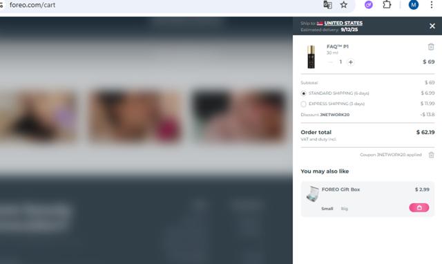 Foreo checkout page showing Foreo coupon code box | Screenshot taken by SimplyCodes community member on Sep 7, 2025