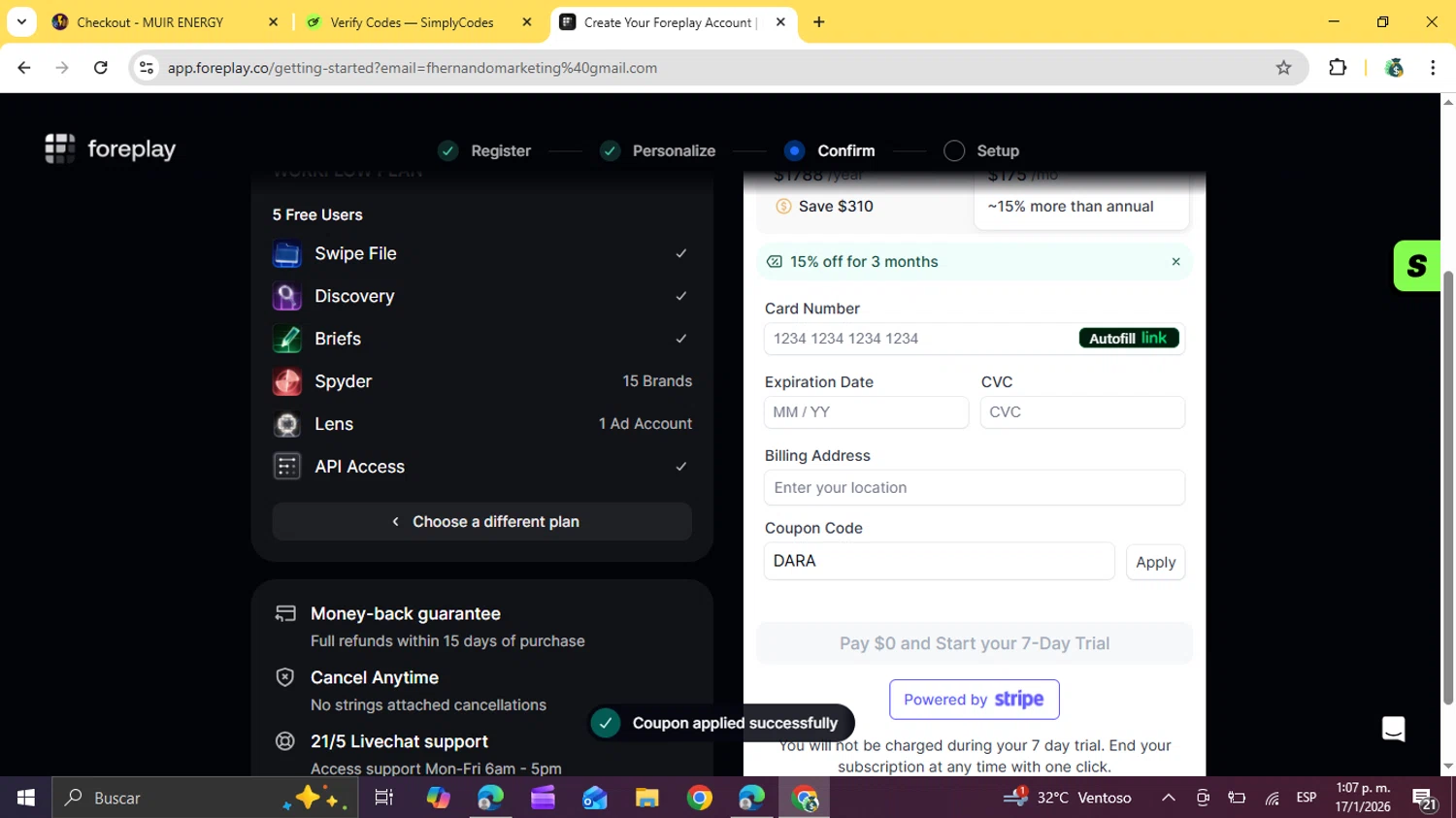 Foreplay checkout page showing Foreplay promo code box | Screenshot taken by SimplyCodes community member on Jan 17, 2026