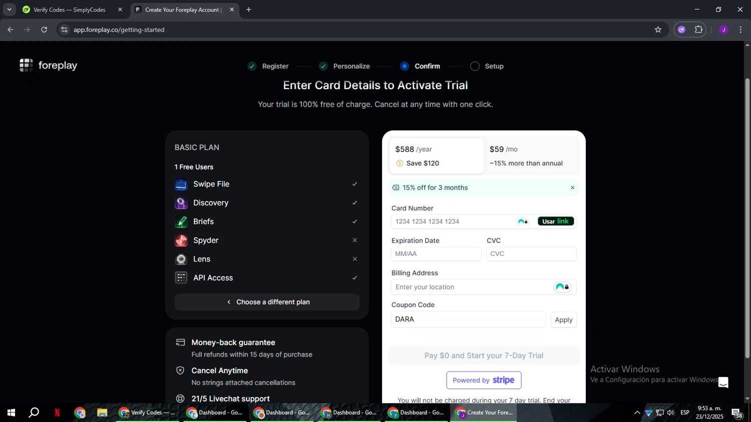 Foreplay promo code screenshot showing code DARA applied at Foreplay checkout page. Uploaded by SimplyCodes community member ComeBurra123 on Dec 23, 2025