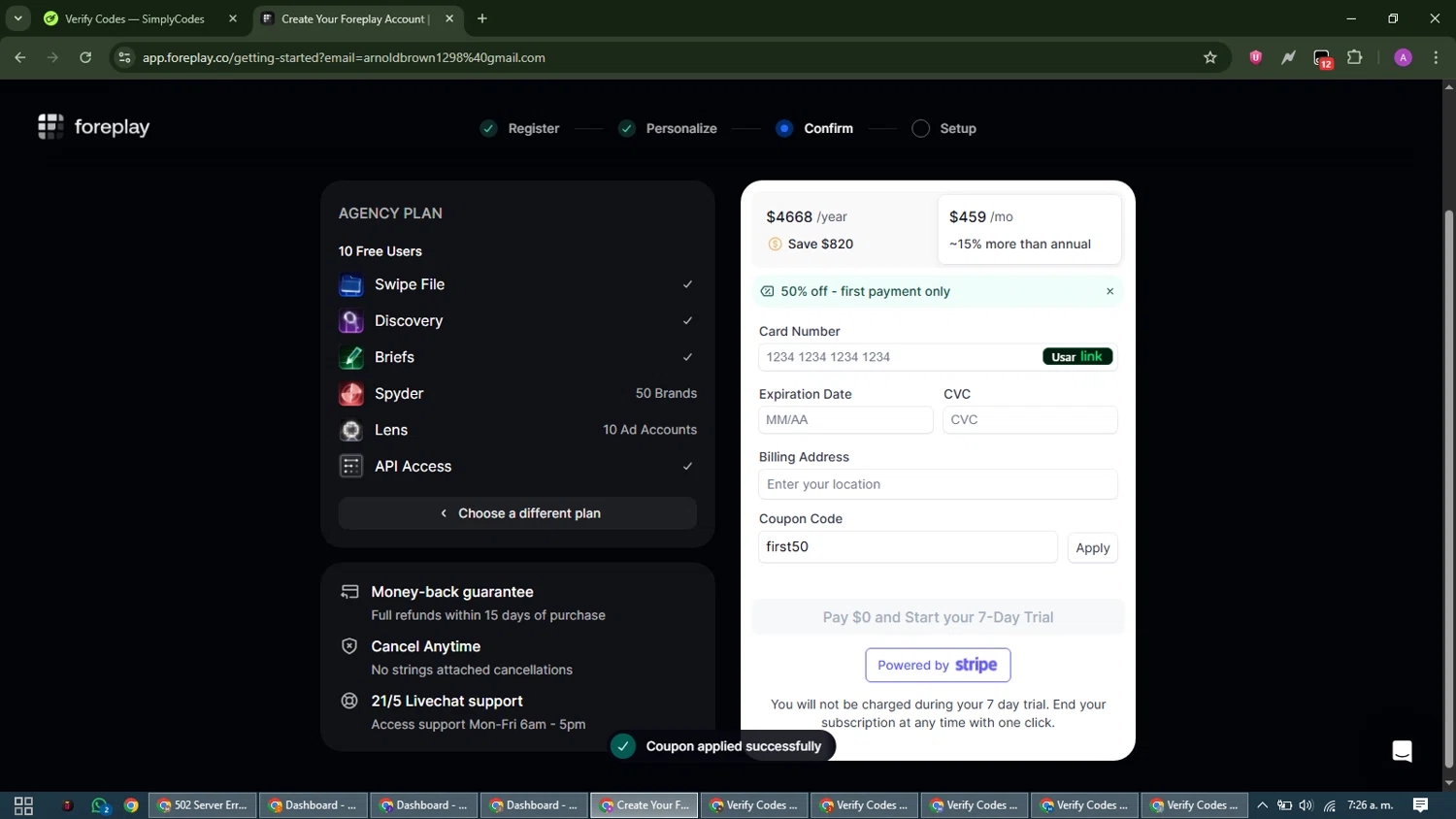 Foreplay promo code screenshot showing code first50 applied at Foreplay checkout page. Uploaded by SimplyCodes community member CouponScout5403 on Dec 28, 2025