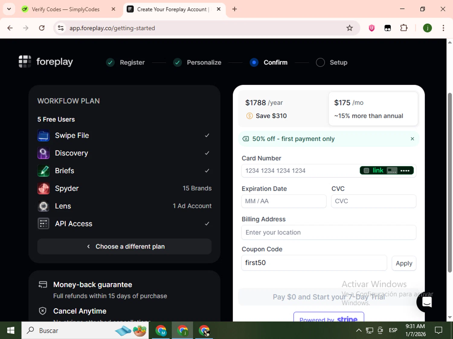 Foreplay promo code screenshot showing code first50 applied at Foreplay checkout page. Uploaded by SimplyCodes community member SavingsCollector2592 on Jan 7, 2026