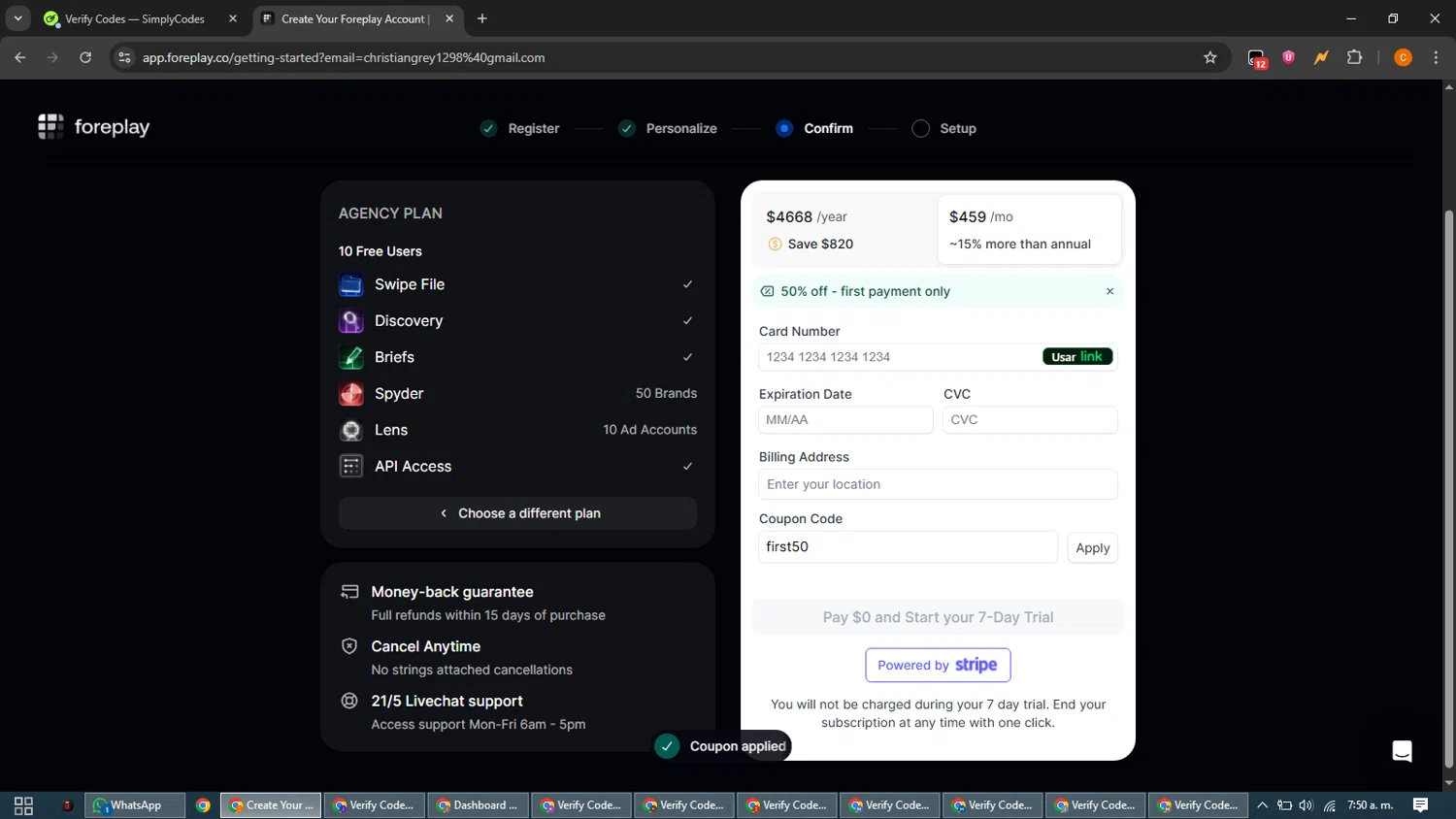 Foreplay promo code screenshot showing code first50 applied at Foreplay checkout page. Uploaded by SimplyCodes community member guest_192805448 on Jan 2, 2026