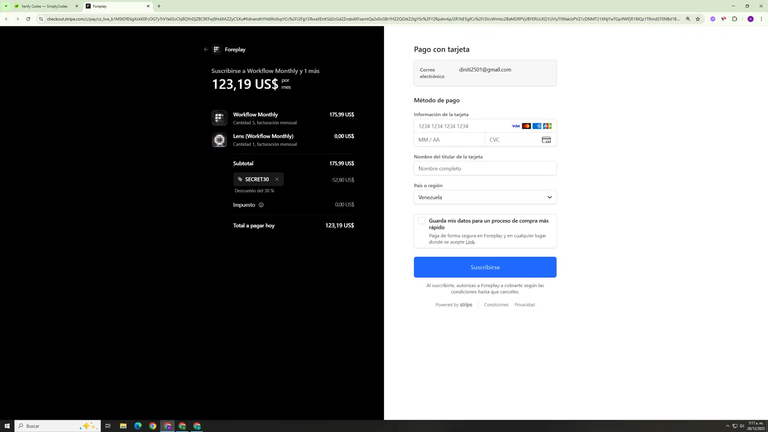 Foreplay promo code screenshot showing code secret30 applied at Foreplay checkout page. Uploaded by SimplyCodes community member Hasta_El_Final on Dec 28, 2025