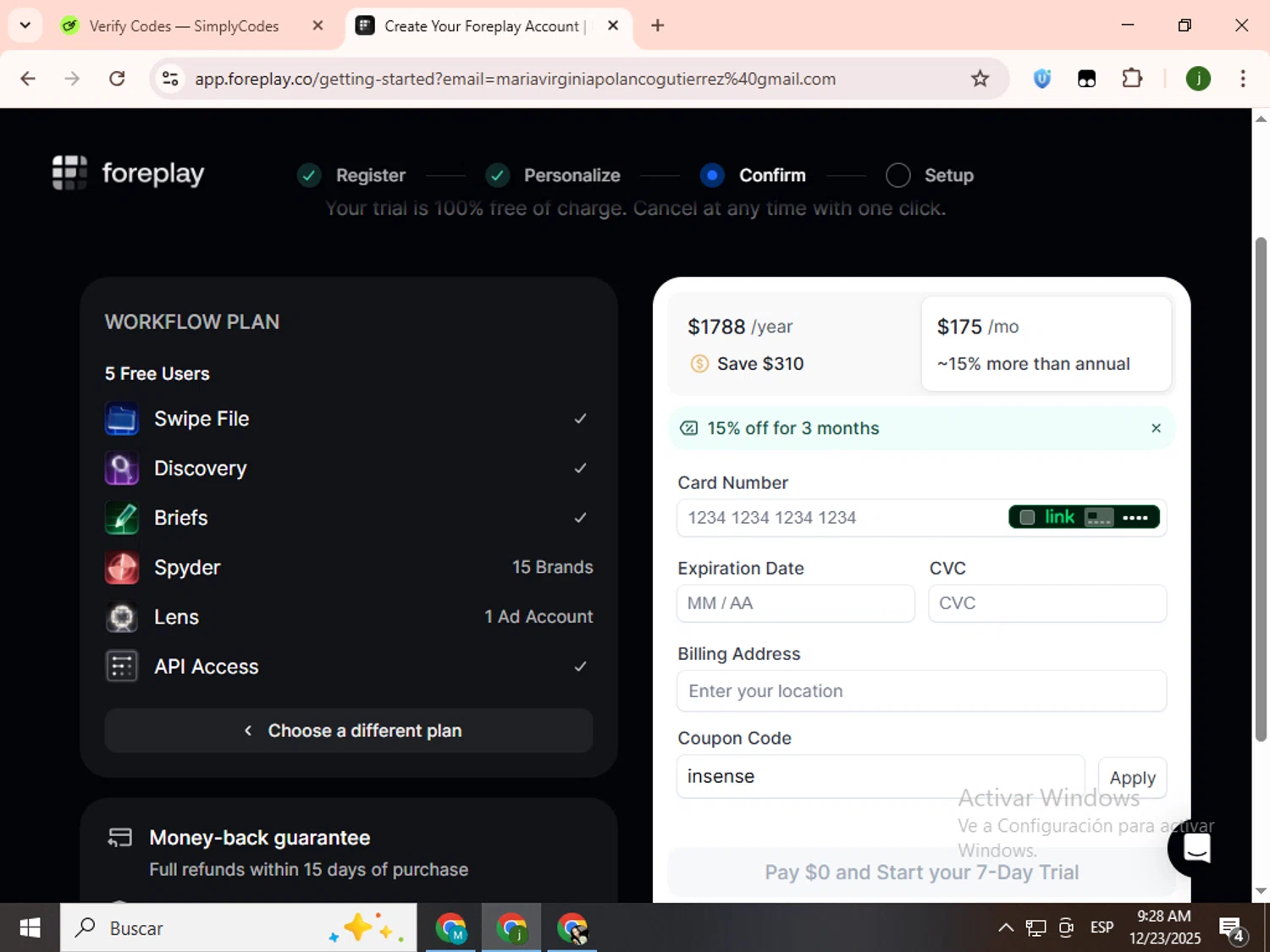 Foreplay promo code screenshot showing code insense applied at Foreplay checkout page. Uploaded by SimplyCodes community member SavingsCollector2592 on Dec 23, 2025