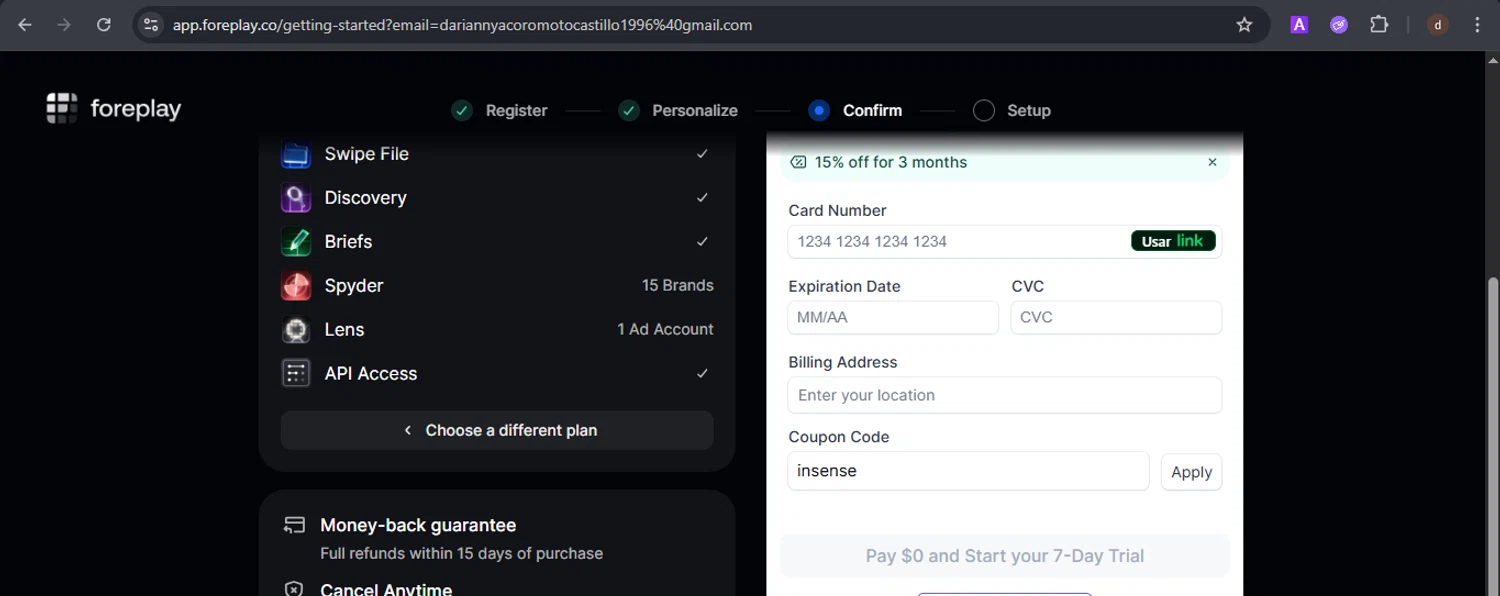 Foreplay promo code screenshot showing code insense applied at Foreplay checkout page. Uploaded by SimplyCodes community member VoucherSpotter9376 on Dec 28, 2025