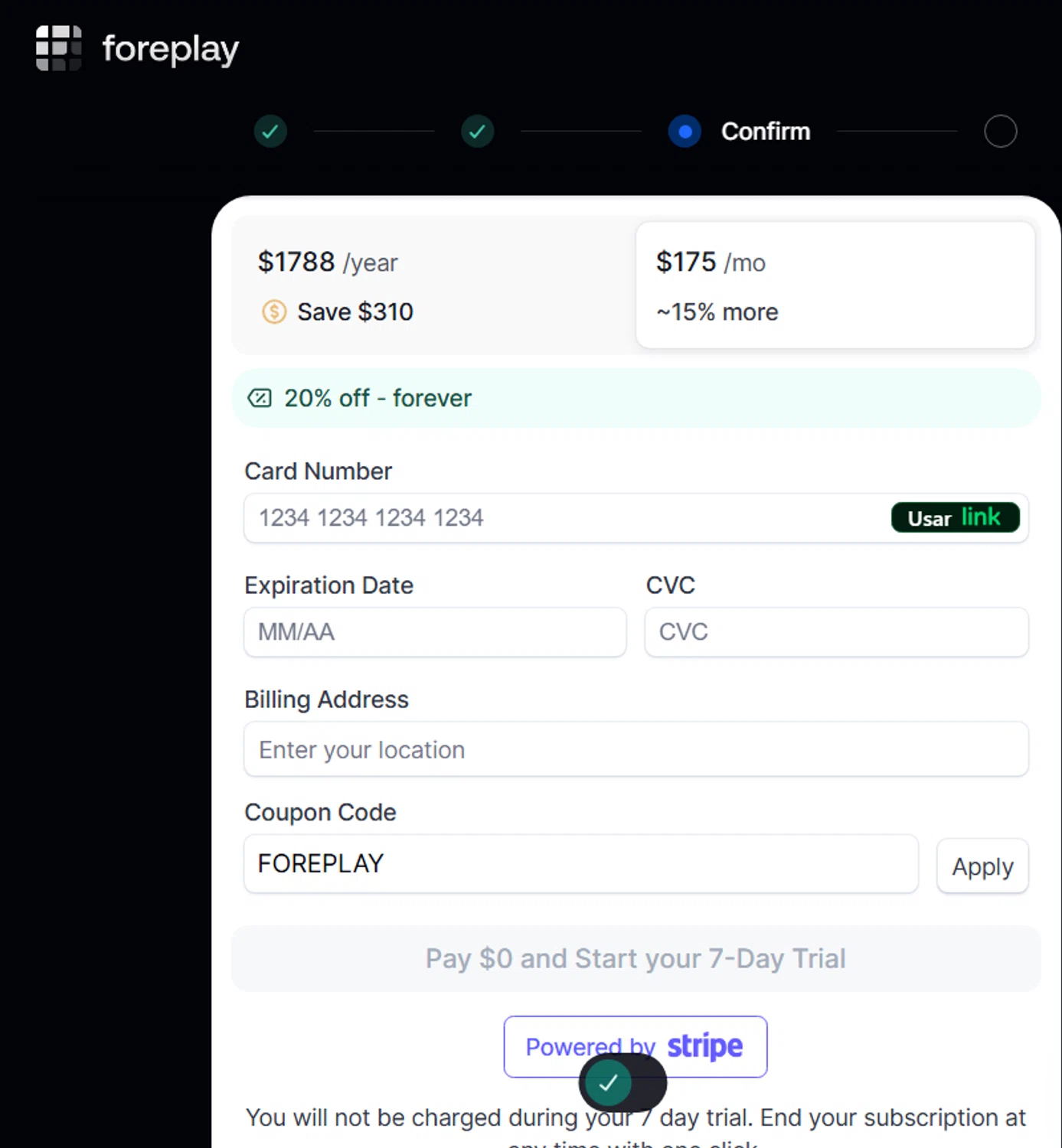Foreplay promo code screenshot showing code FOREPLAY applied at Foreplay checkout page. Uploaded by SimplyCodes community member Jose_515 on Aug 22, 2025