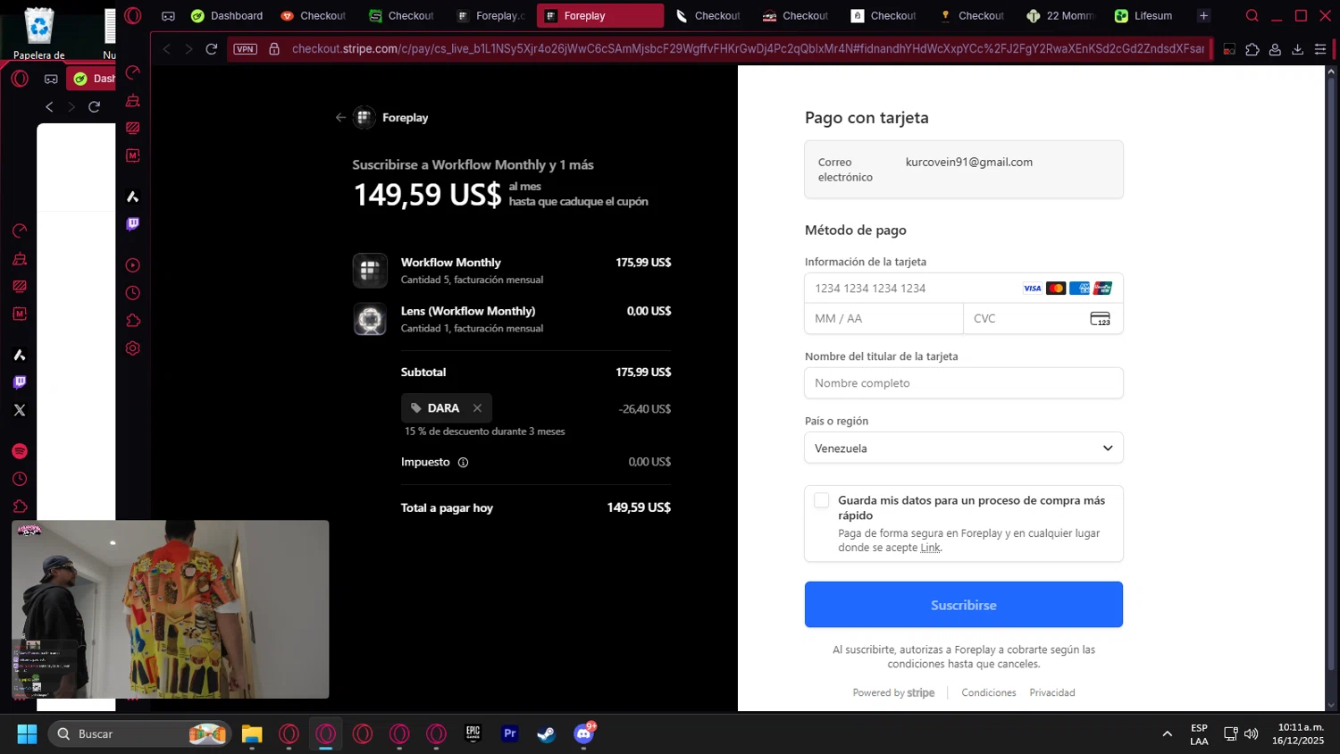 Foreplay promo code screenshot showing code DARA applied at Foreplay checkout page. Uploaded by SimplyCodes community member Billyyou on Dec 16, 2025