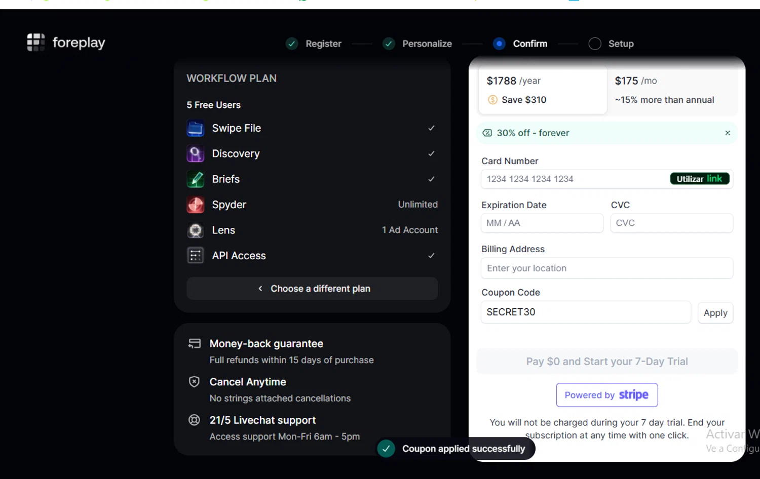 Foreplay promo code screenshot showing code SECRET30 applied at Foreplay checkout page. Uploaded by SimplyCodes community member Loki_Odinson on Jan 29, 2026