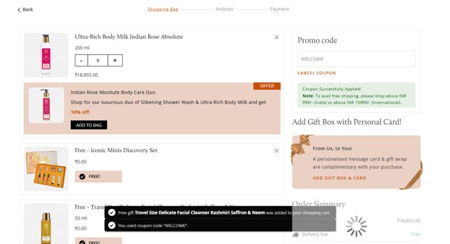 Forest Essentials checkout page showing Forest Essentials promo code box | Screenshot taken by SimplyCodes community member on Aug 26, 2025