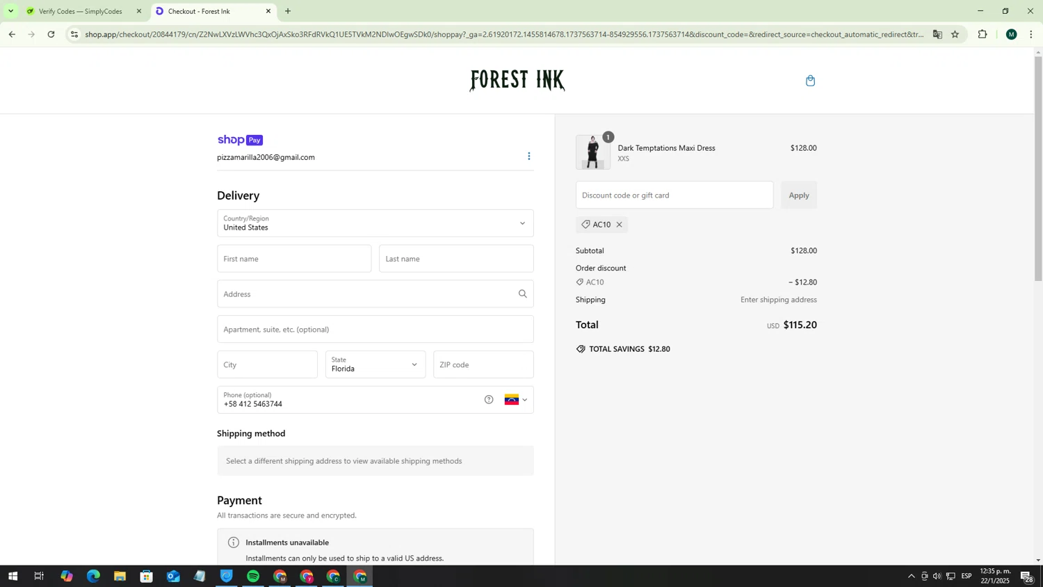 Forest Ink discount code screenshot showing code AC10 applied at Forest Ink checkout page. Uploaded by SimplyCodes community member MDLECHUZA on Jan 22, 2025