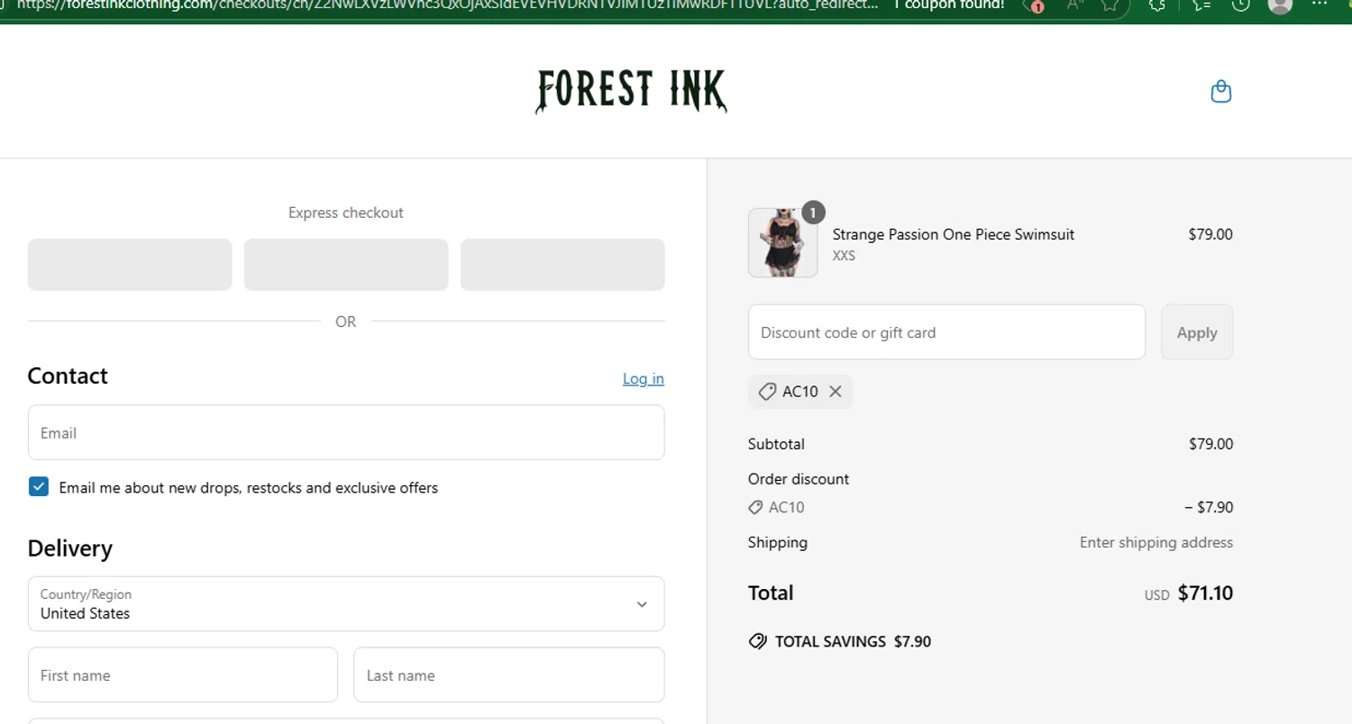 Forest Ink discount code screenshot showing code AC10 applied at Forest Ink checkout page. Uploaded by SimplyCodes community member chepipro on May 29, 2025