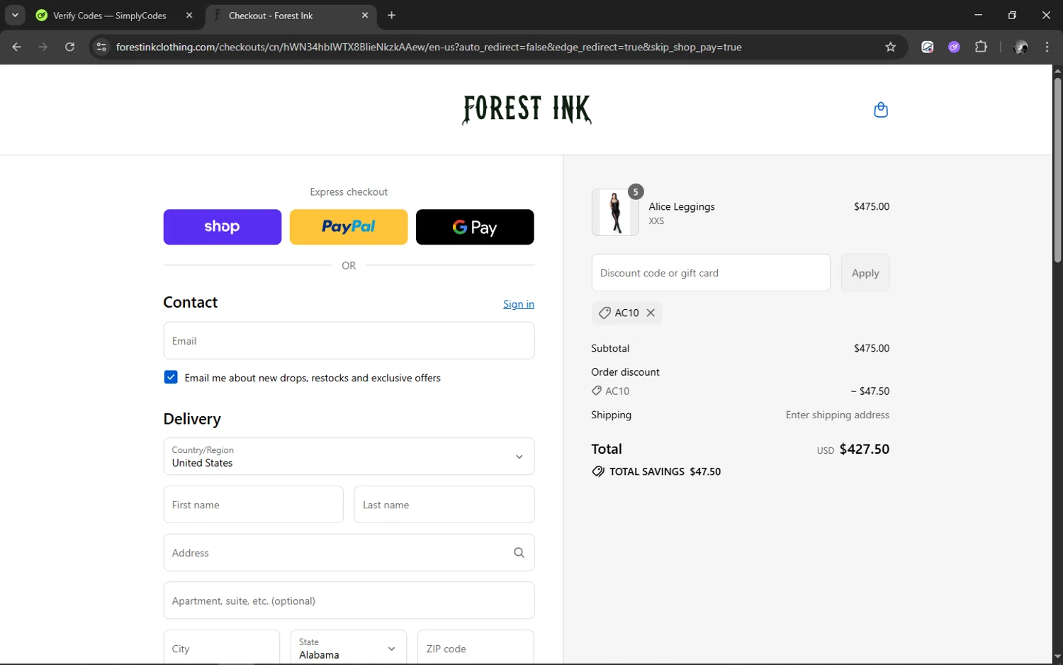 Forest Ink discount code screenshot showing code AC10 applied at Forest Ink checkout page. Uploaded by SimplyCodes community member ELMARRON on Sep 17, 2025