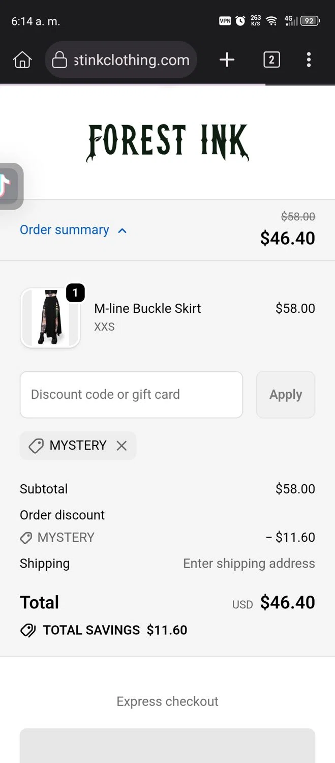 Forest Ink discount code screenshot showing code MYSTERY applied at Forest Ink checkout page. Uploaded by SimplyCodes community member Diego_Soto on Jan 3, 2026