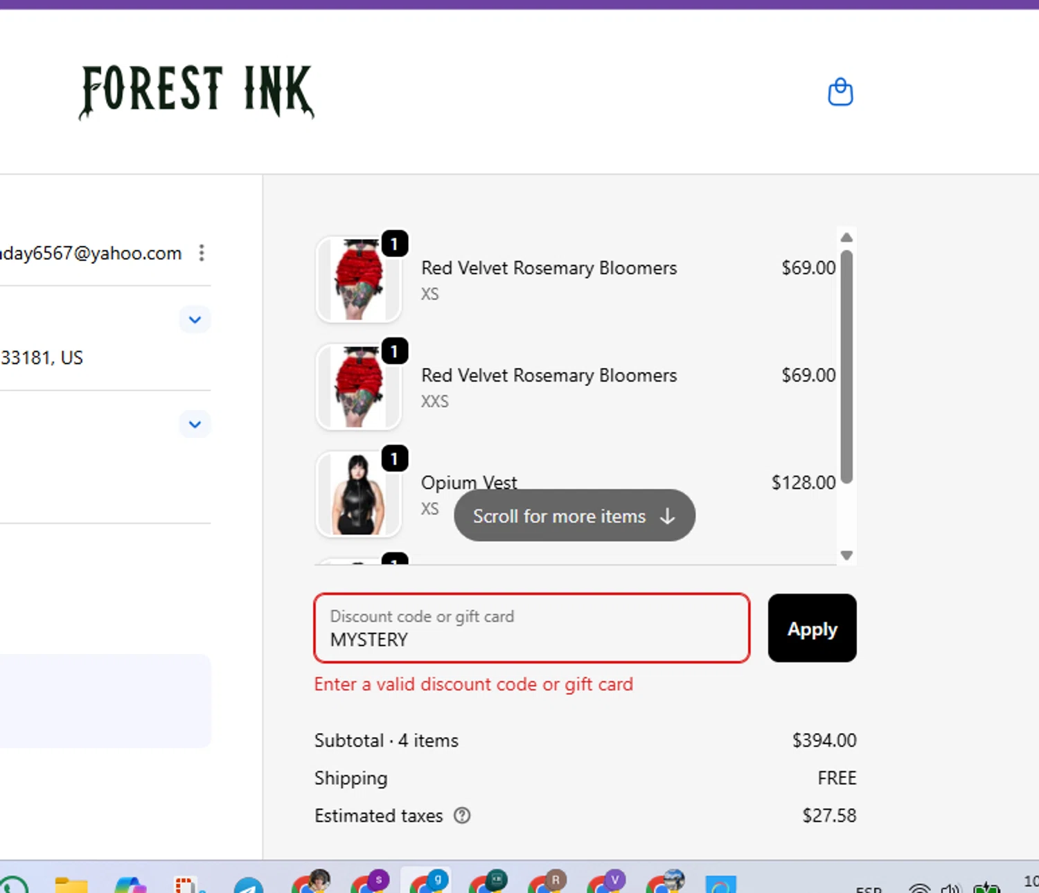 Forest Ink discount code screenshot showing code MYSTERY applied at Forest Ink checkout page. Uploaded by SimplyCodes community member FrugalVirtuoso6318 on Jan 23, 2026