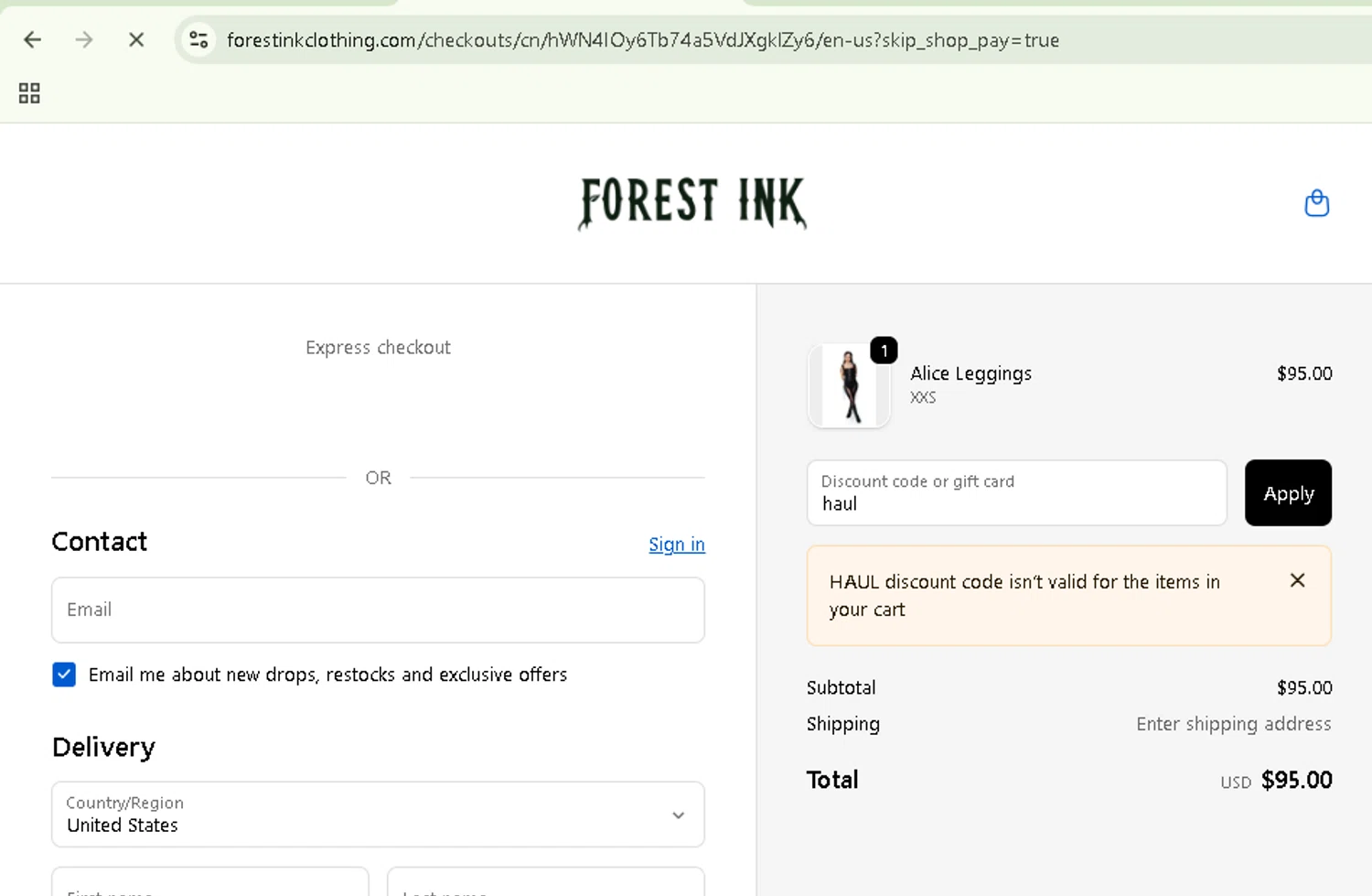 Forest Ink discount code screenshot showing code haul applied at Forest Ink checkout page. Uploaded by SimplyCodes community member NobleSentinel8535 on Oct 19, 2025