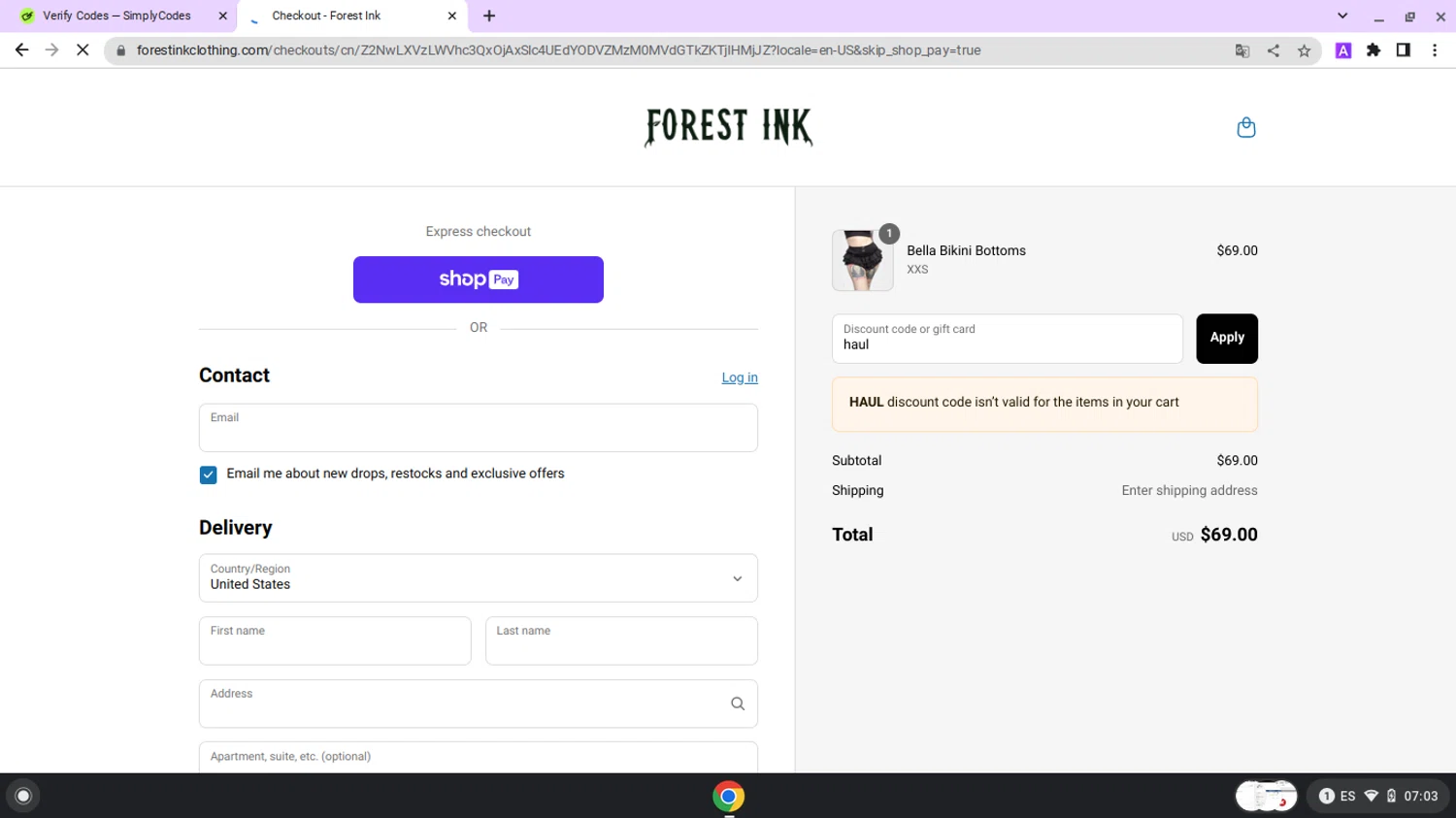 Forest Ink discount code screenshot showing code haul applied at Forest Ink checkout page. Uploaded by SimplyCodes community member lapampita on May 27, 2025