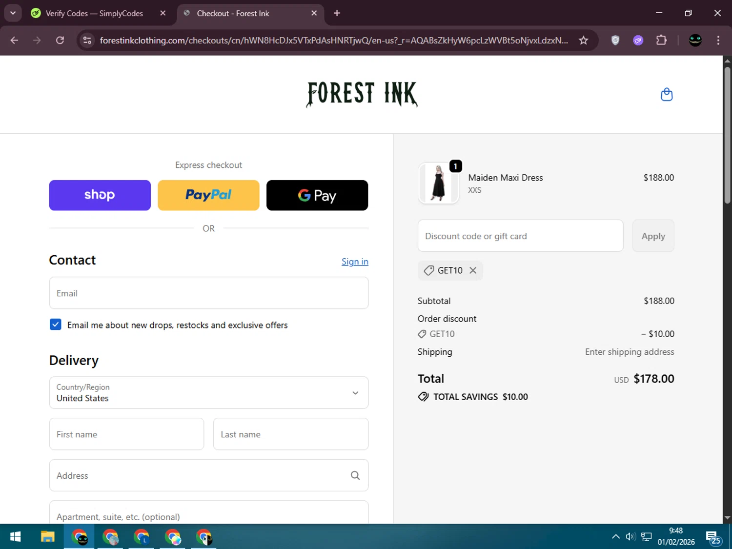 Forest Ink checkout page showing Forest Ink discount code box | Screenshot taken by SimplyCodes community member on Feb 1, 2026