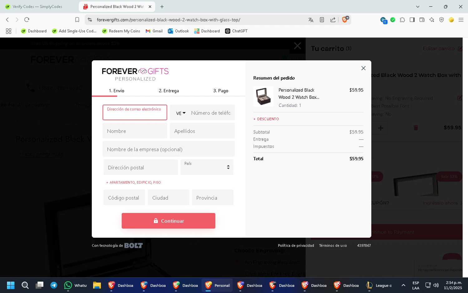 Forevergifts.com coupon code screenshot showing code FD2024 applied at Forevergifts.com checkout page. Uploaded by SimplyCodes community member CleverMonarch8868 on Feb 11, 2025