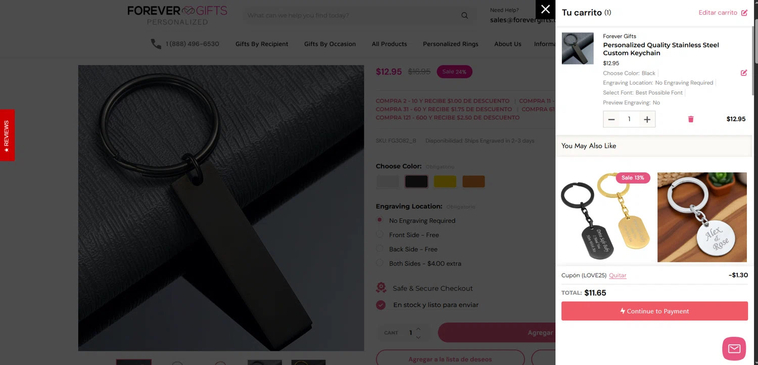 Forevergifts.com coupon code screenshot showing code Love25 applied at Forevergifts.com checkout page. Uploaded by SimplyCodes community member Elosox1 on Oct 6, 2025
