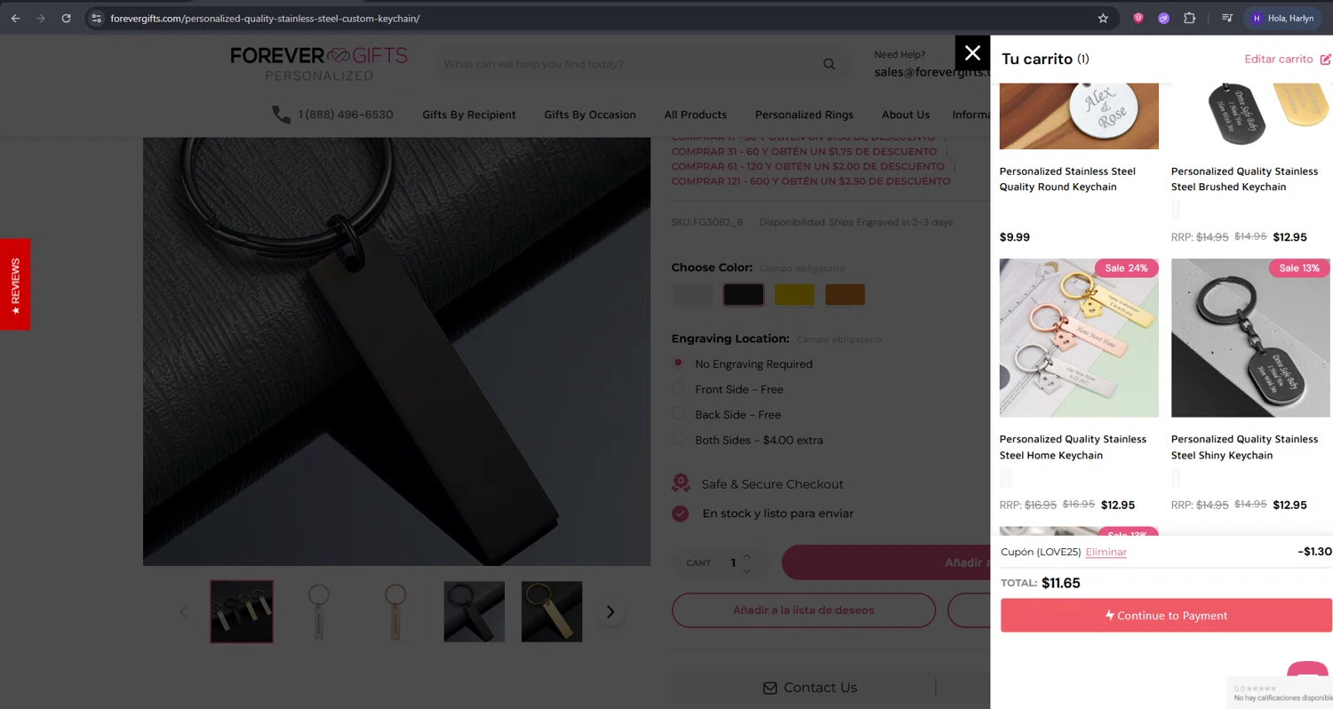 Forevergifts.com coupon code screenshot showing code Love25 applied at Forevergifts.com checkout page. Uploaded by SimplyCodes community member RebateVirtuoso9954 on Sep 1, 2025