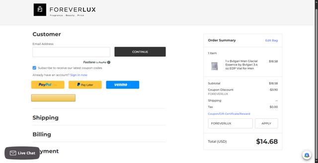 ForeverLux checkout page showing ForeverLux coupon code box | Screenshot taken by SimplyCodes community member on Aug 18, 2025