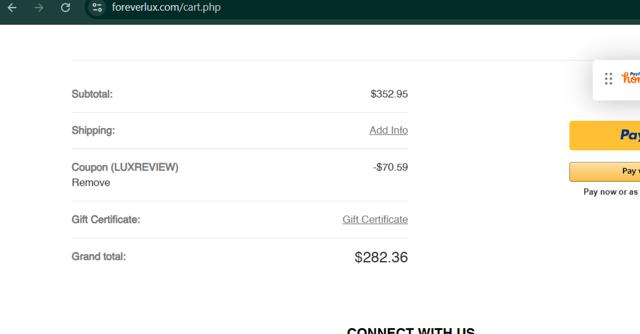 ForeverLux checkout page showing ForeverLux coupon code box | Screenshot taken by SimplyCodes community member on Aug 6, 2025