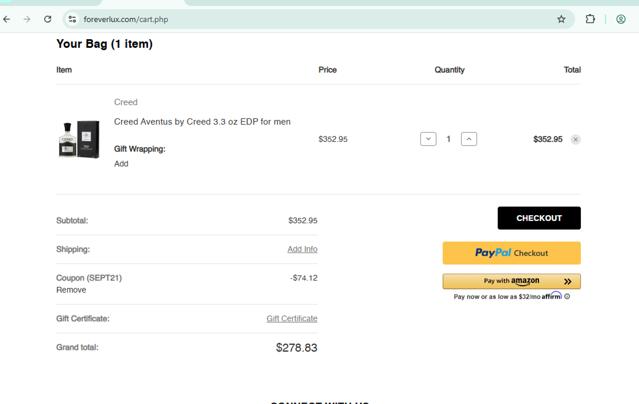ForeverLux checkout page showing ForeverLux coupon code box | Screenshot taken by SimplyCodes community member on Sep 12, 2025