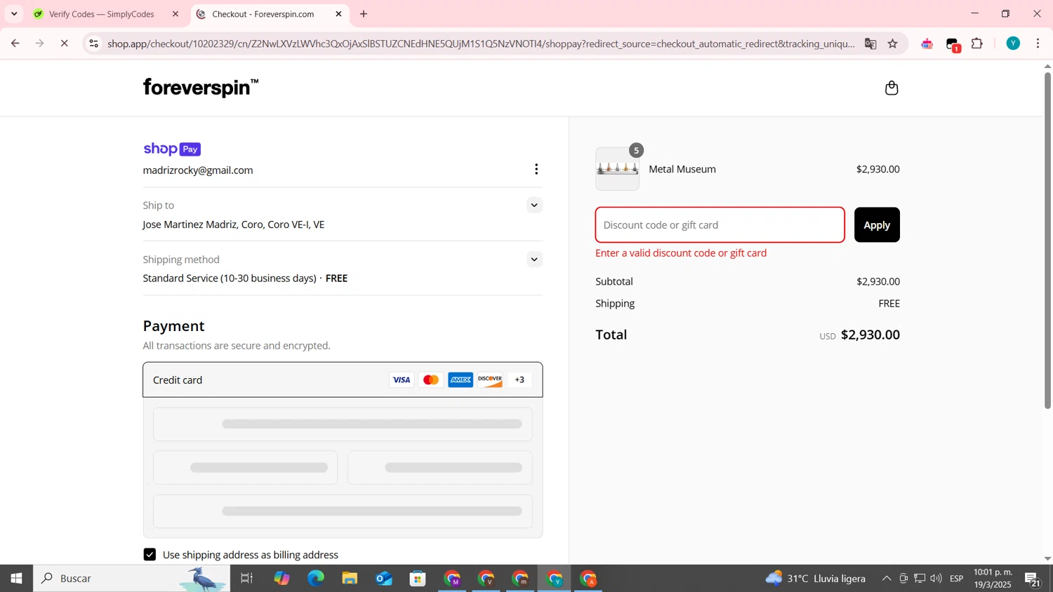 ForeverSpin discount code screenshot showing code BLACKFRIDAY applied at ForeverSpin checkout page. Uploaded by SimplyCodes community member codygakpo on Mar 20, 2025