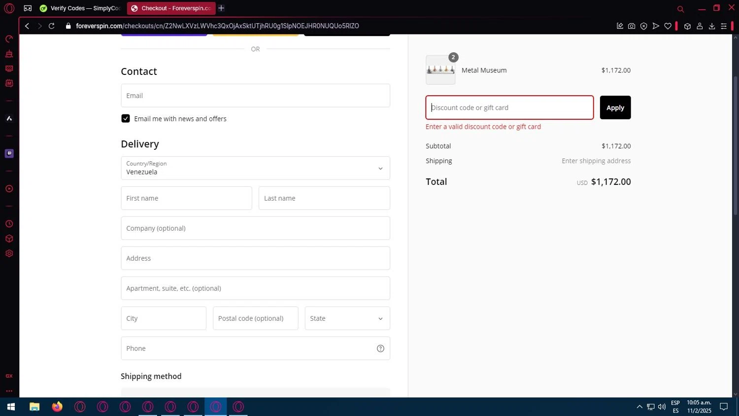 ForeverSpin discount code screenshot showing code LeenForeverspin applied at ForeverSpin checkout page. Uploaded by SimplyCodes community member Margareth_thatcher on Feb 11, 2025